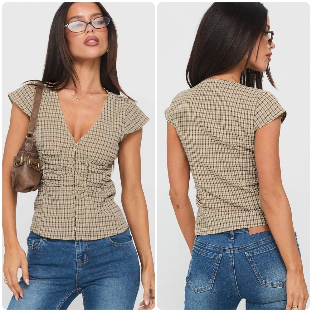 Princess Polly Womens Beige Check Indulgence Corset Gingham Ruched Top Size 4